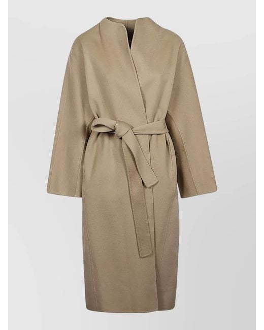 Sandbeige Natural Wool Midi Coat Mandarin Collar Belt