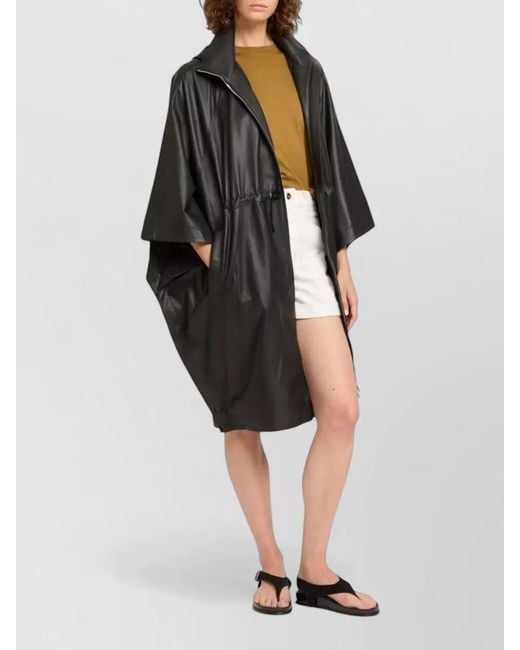Yves Salomon Black Leather Drawstring Cape