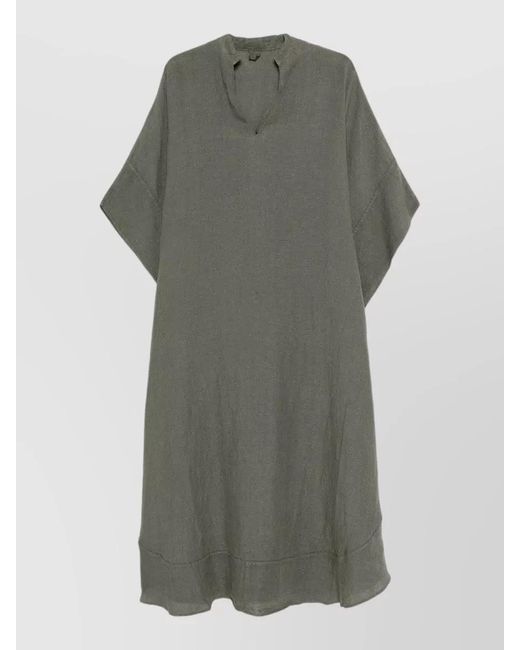 120% Lino Gray Linen Kaftan Dress Knee Length V Neckline