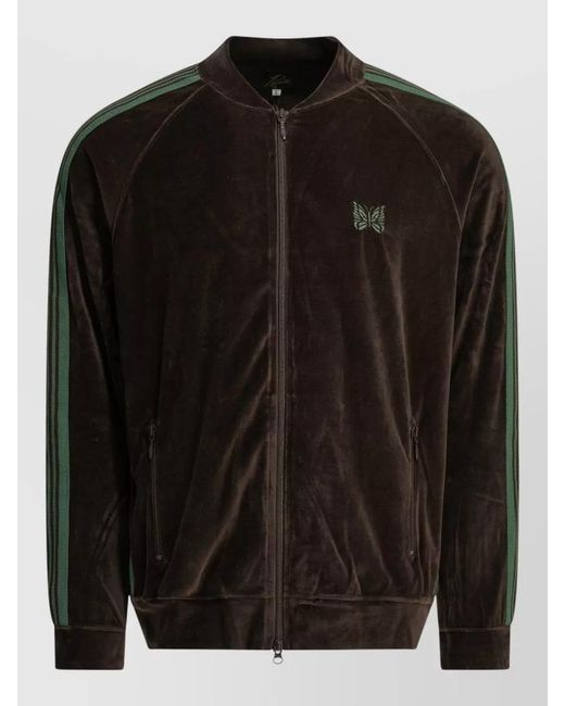 Needles Black Track Zip Sweatshirt Ribbed Cuffs Pockets Stripes for men