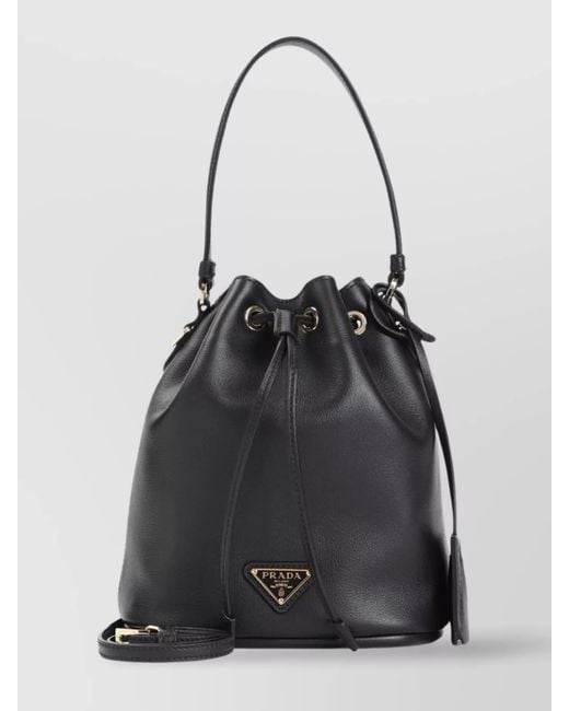 Prada Black Leather Bucket Bag Metal Accents