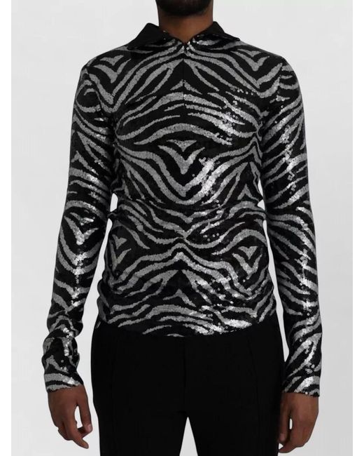 Dolce & Gabbana Black Sequined Zebra Knit Collared Sweater Top for men