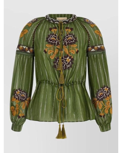 Valentino Garavani Green Silk Lurex Shirt Floral Embroidery Stripes