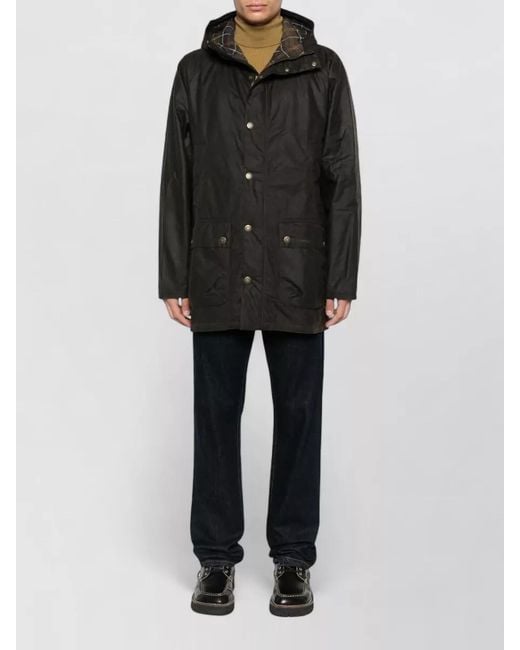 Barbour Black Hooded Waxed Coat Long Length Drawstring for men