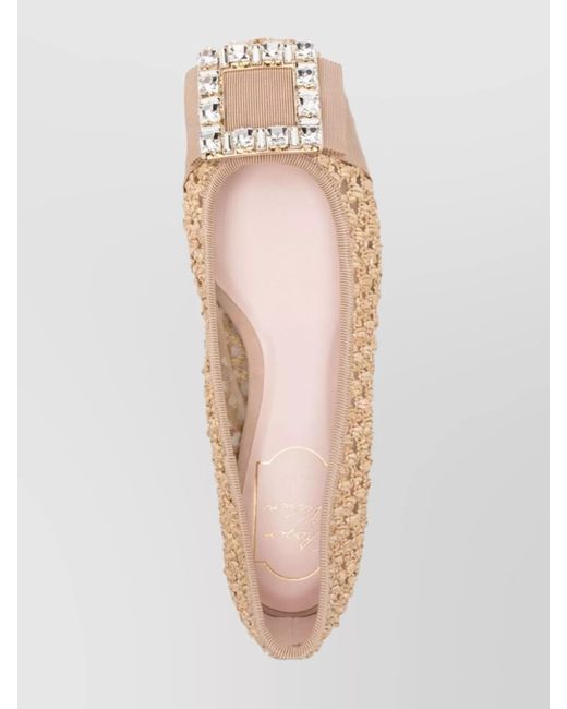 Roger Vivier Natural Crystal Embellished Raffia Ballerina Flats