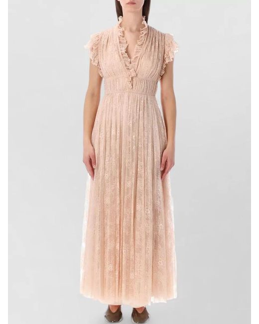 Alberta Ferretti Pink Lace V-Neck Ruched Maxi Dress