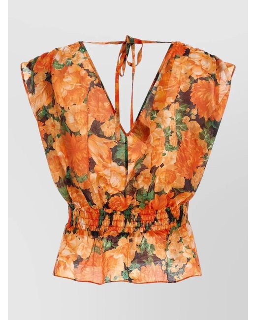 Pinko Orange Arcore V Neck Sleeveless Floral Waist Top