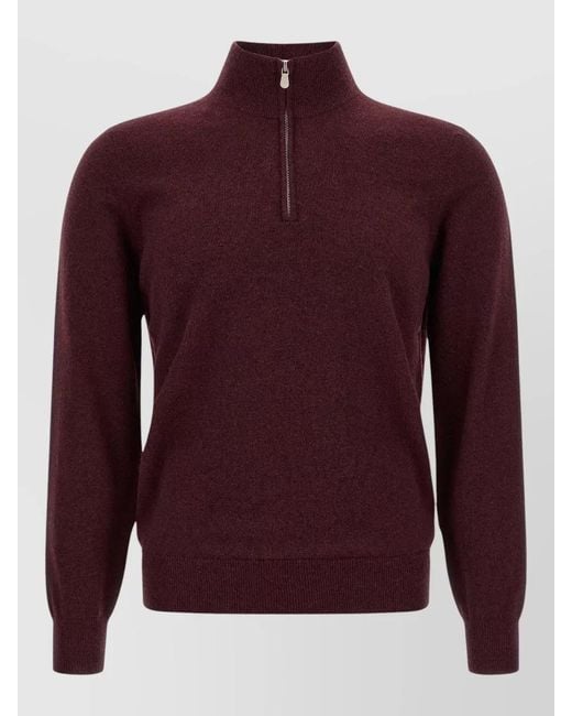 Brunello Cucinelli Red Cashmere Half Zip High Neck Sweater for men