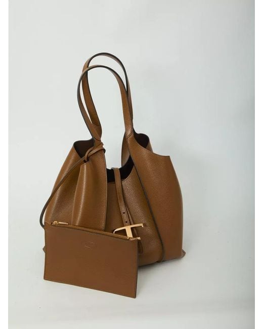 Tod's Brown Small T Bucket Leather Tote Bag