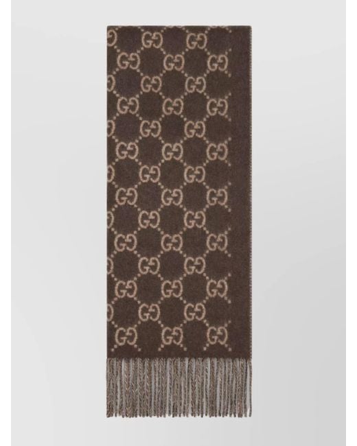Gucci Brown Cashmere Fringed Logo-Pattern Scarf