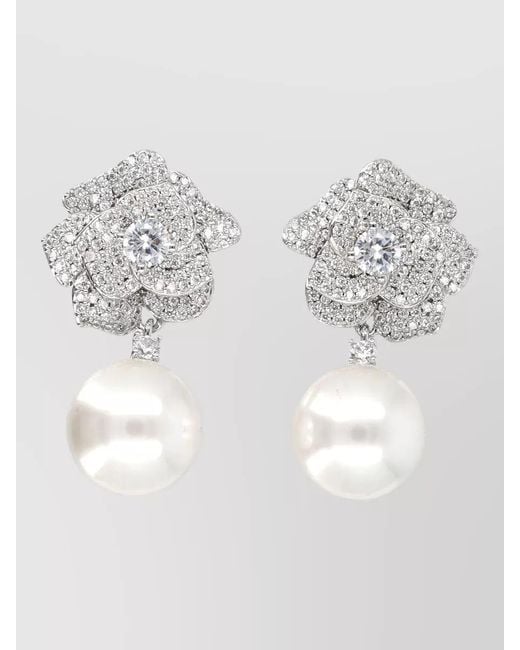 Self-Portrait Metallic Petite Crystal Flower Drop Pearl Earrings