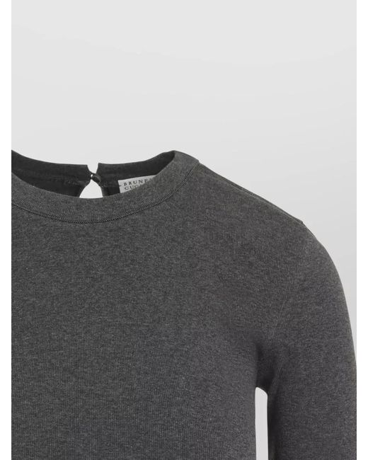 Brunello Cucinelli Gray Rib Knit Long Sleeve Keyhole T-Shirt