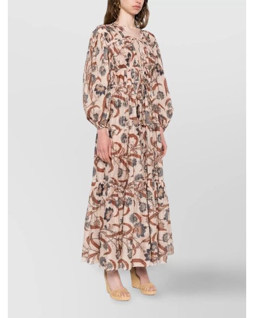 Zimmermann White Tiered Floral V-Neck Long Sleeve Dress