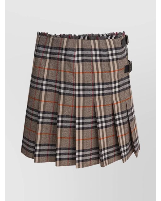 Burberry Gray Buckle Checked Frayed Pleated Skirt