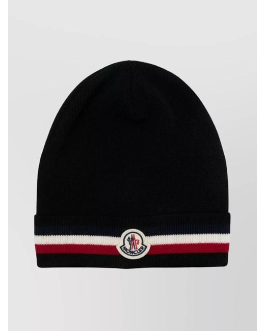 Moncler Black Wool Beanie With Ribbed Knit Design for men