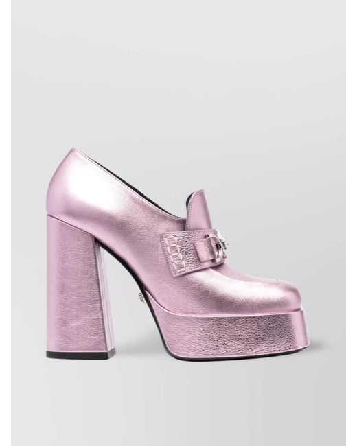 Versace Pink Block Heel Loafers With Platform Sole And Square Toe