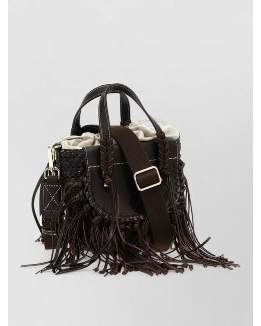 CUBA LAB Black Bucket Bag Adjustable Strap Fringe Handle Woven