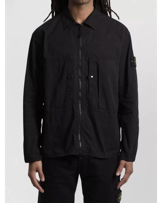 Stone Island Black Ripstop Cotton Overshirt Long Sleeves Collar for men