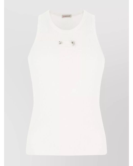 Moncler White Cotton Top With Embellished Detail And Ribbed Texture