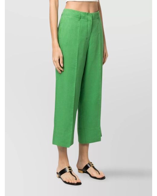 Max Mara Green Linen High-Rise Cropped Wide-Leg Trousers