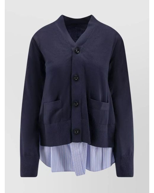 Sacai Blue Cotton Cardigan Mesh Inserts