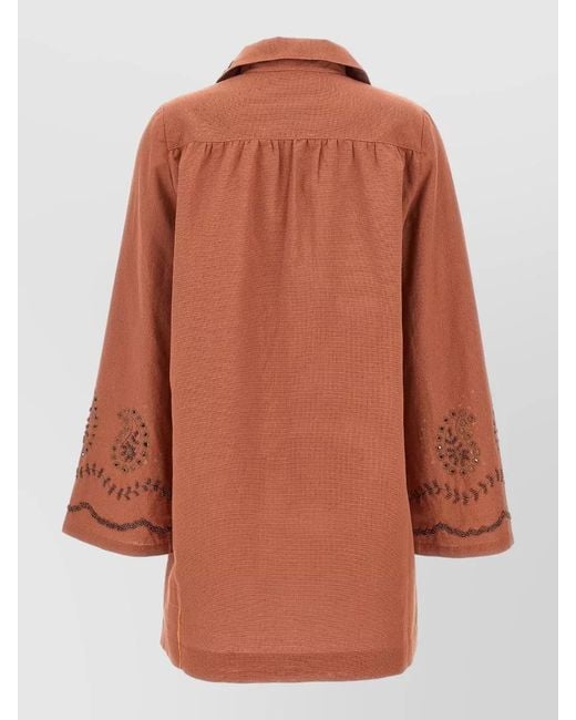 Fortela Brown Genevieve Shirt Dress Embroidered Front Pockets