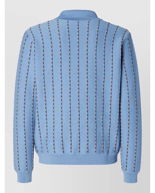 Fendi Blue Striped Knit Polo Long Sleeves Ribbed Trim for men