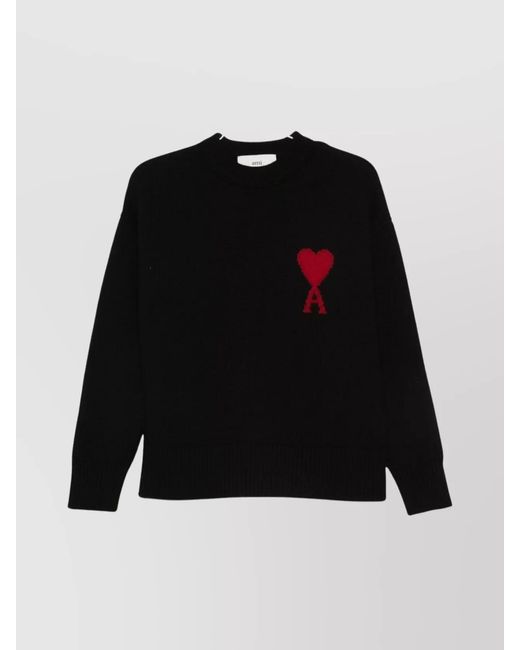 AMI Black Heart Motif Wool Cardigan With Crew Neck