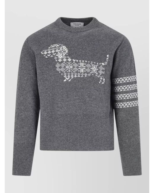 Thom Browne Gray Dog Motif Crew Neck Knit Sweater for men