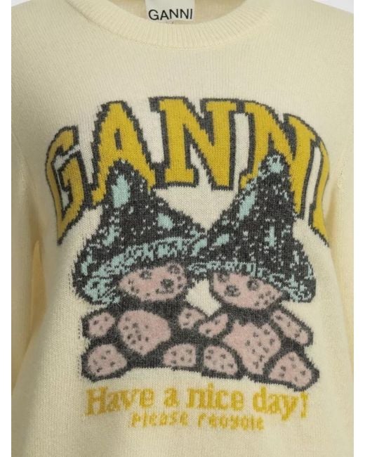 Ganni Metallic Teddy Mushroom Crew Neck Graphic Sweater