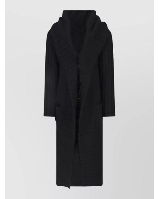 Rick Owens Black Hooded Long Coat Crewneck Ribbed Pockets for men