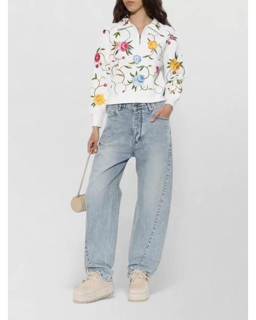 KENZO White Floral Embroidery Cotton Quarter Zip Polo Sweatshirt