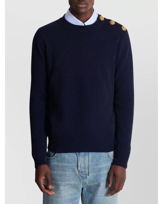 Balmain Blue Cashmere Virgin Wool Crewneck Sweater for men