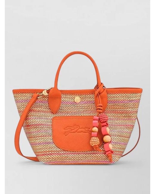 Longchamp Orange Raffia Effect Canvas Tote Bag