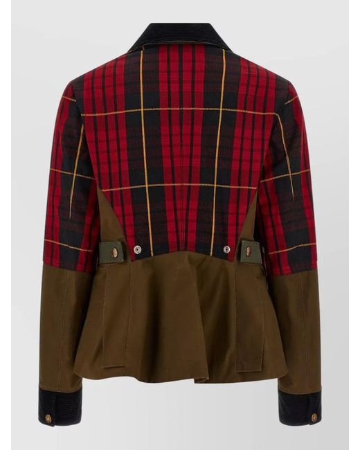 McQueen Red Jacket Checked Pattern Contrast Panels Corduroy Collar