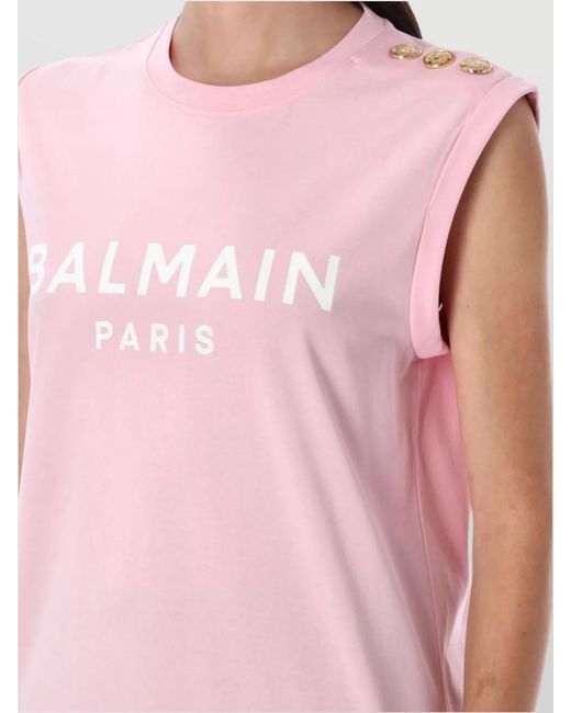 Balmain Pink Logo Button Crew Neck Sleeveless Top
