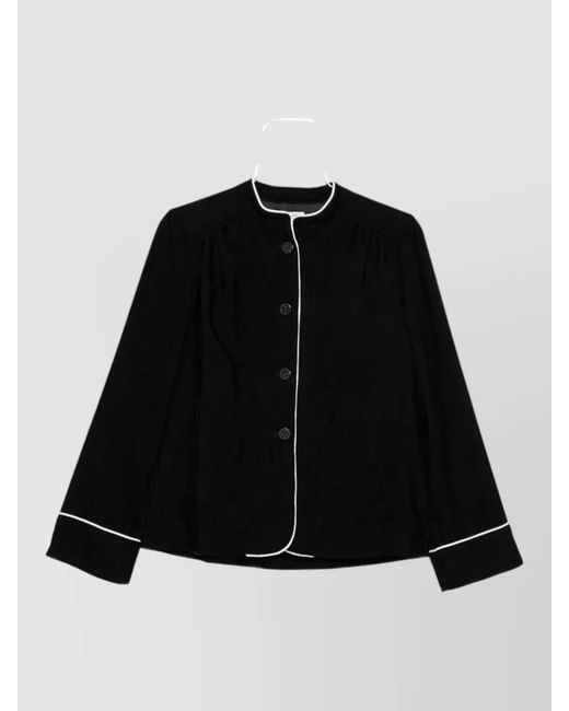 Forte_forte Black Corduroy Stand Collar Jacket Contrast Piping