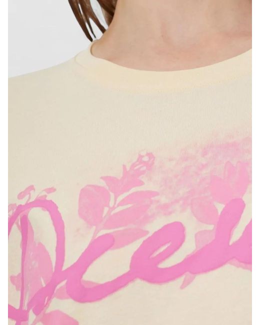 DIESEL Pink Logo Print Floral Print Cotton T-Shirt