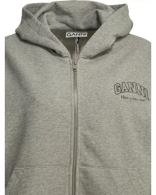 Ganni Gray Cotton Zip-Up Hoodie