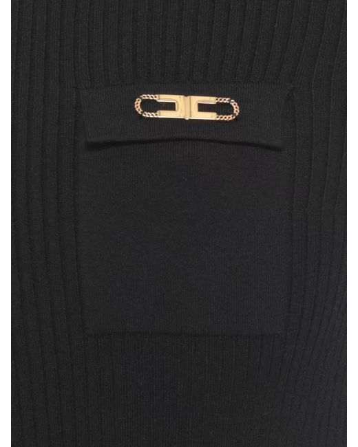Elisabetta Franchi Black Silk Turtleneck Long-Sleeve Knee-Length Dress
