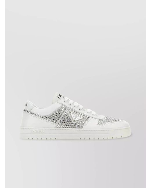 Prada White Rhinestone Embellished Leather Low-Top Sneakers