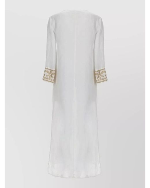 120% Lino White Dress Floral Embroidery Sheer Long Round Neckline