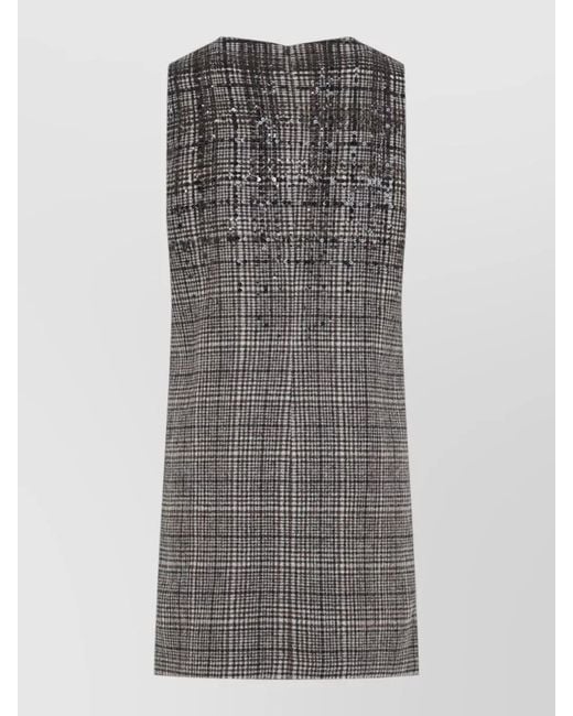 Brunello Cucinelli Gray Sequin Shift Mini Dress Prince Wales Check