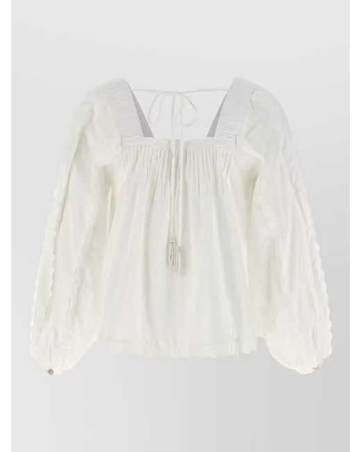 Farm Rio White Cotton Blouse Square Neckline Ruffle Long Sleeves