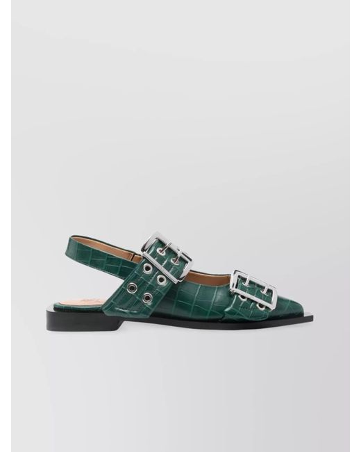 Ganni Green Buckle Croc-Embossed Pointed Toe Sandals