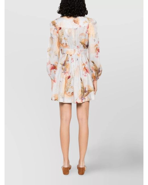 Zimmermann White Linen Floral-Print V-Neck Long-Sleeve Mini Dress