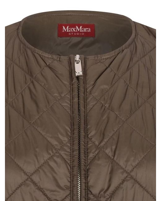 Max Mara Brown Quilted Vest Coat Long Sleeves Nylon Silk