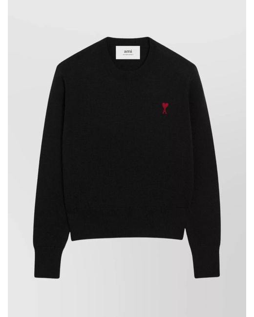 AMI Black Merino Wool Logo-Embroidered Crew-Neck Jumper