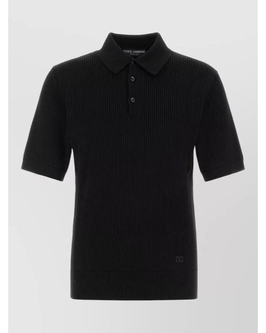 Dolce & Gabbana Black Cotton Polo Shirt Ribbed Texture Collar for men