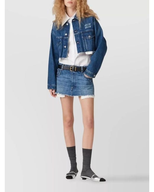 Miu Miu Blue Cropped Blouson With Chest Pockets And Frayed Hem